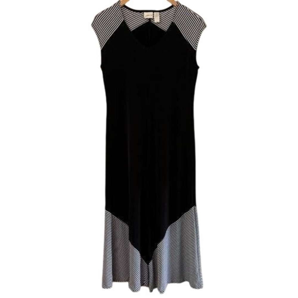 Chicos Travelers Black Striped V-Neck Sleeveless Midi Dress Chico'sSize 0 Petite